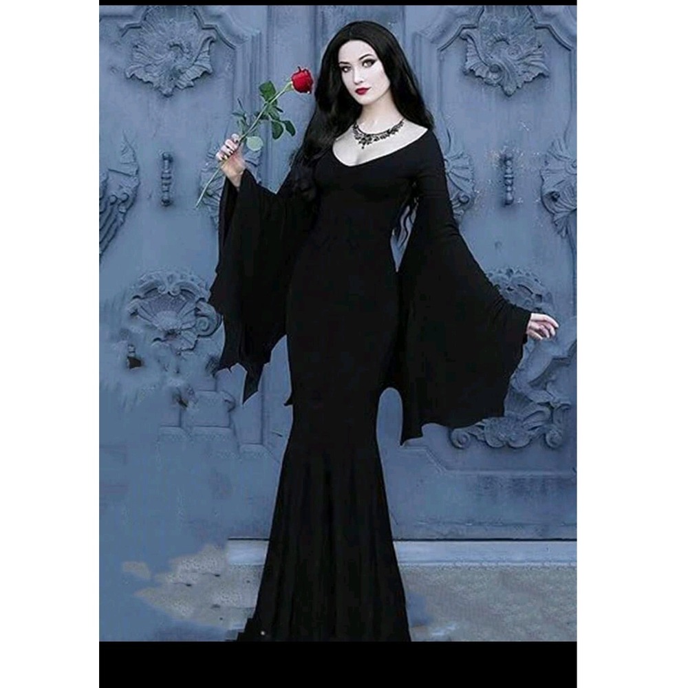 NWOT Morticia Addams Costume Women's Gothic Black Dress Halloween Costume Sz Lg